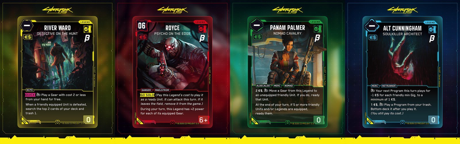 Cyberpunk TCG Beta Event Legend cards: River Ward, Royce, Panam Palmer, and Alt Cunningham