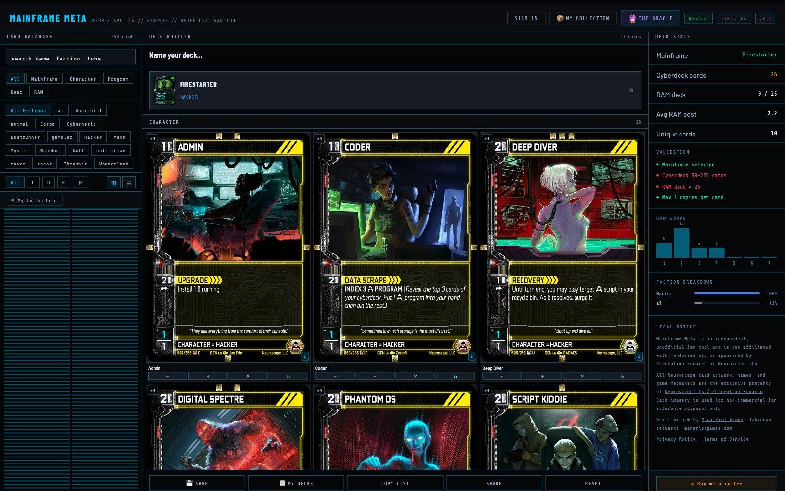 Screenshot of the Mainframe Meta deck builder showing a Neuroscape TCG deck with full card art loaded, RAM Curve, and Faction Breakdown panels