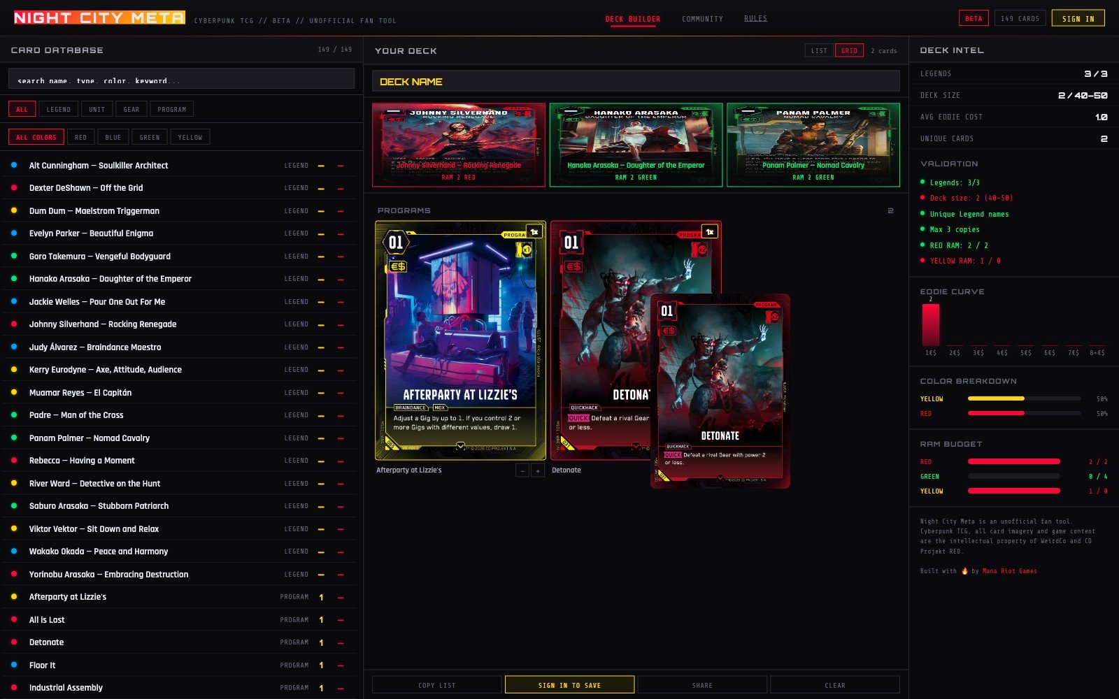 Screenshot of the Night City Meta deck builder showing a Cyberpunk TCG deck with full card art loaded, Eddie Curve, and RAM Budget panels