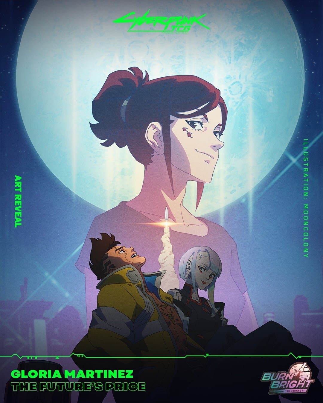 Gloria Martinez: The Future's Price card art, Cyberpunk TCG Edgerunners: Burn Bright