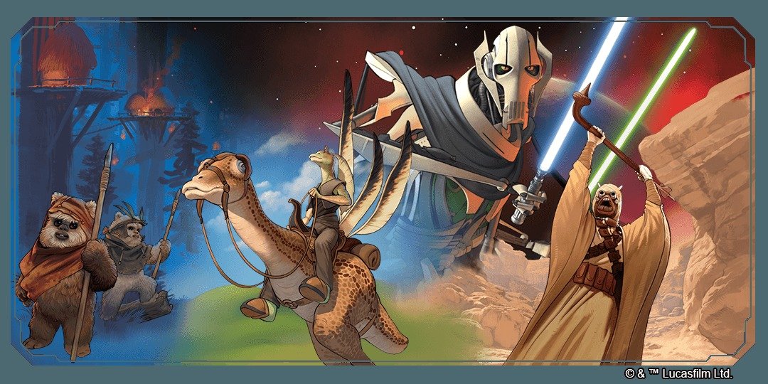 Star Wars Unlimited Homeworlds key art featuring Ewoks, a creature-mounted rider, General Grievous, and a Tusken Raider